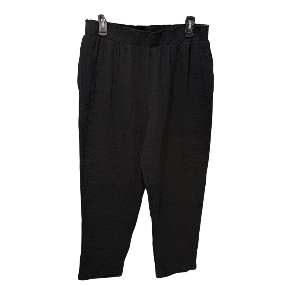 Johnny Was Calme Relaxed Fit Pants Black Organic Cotton Smocked Waist Gauze L